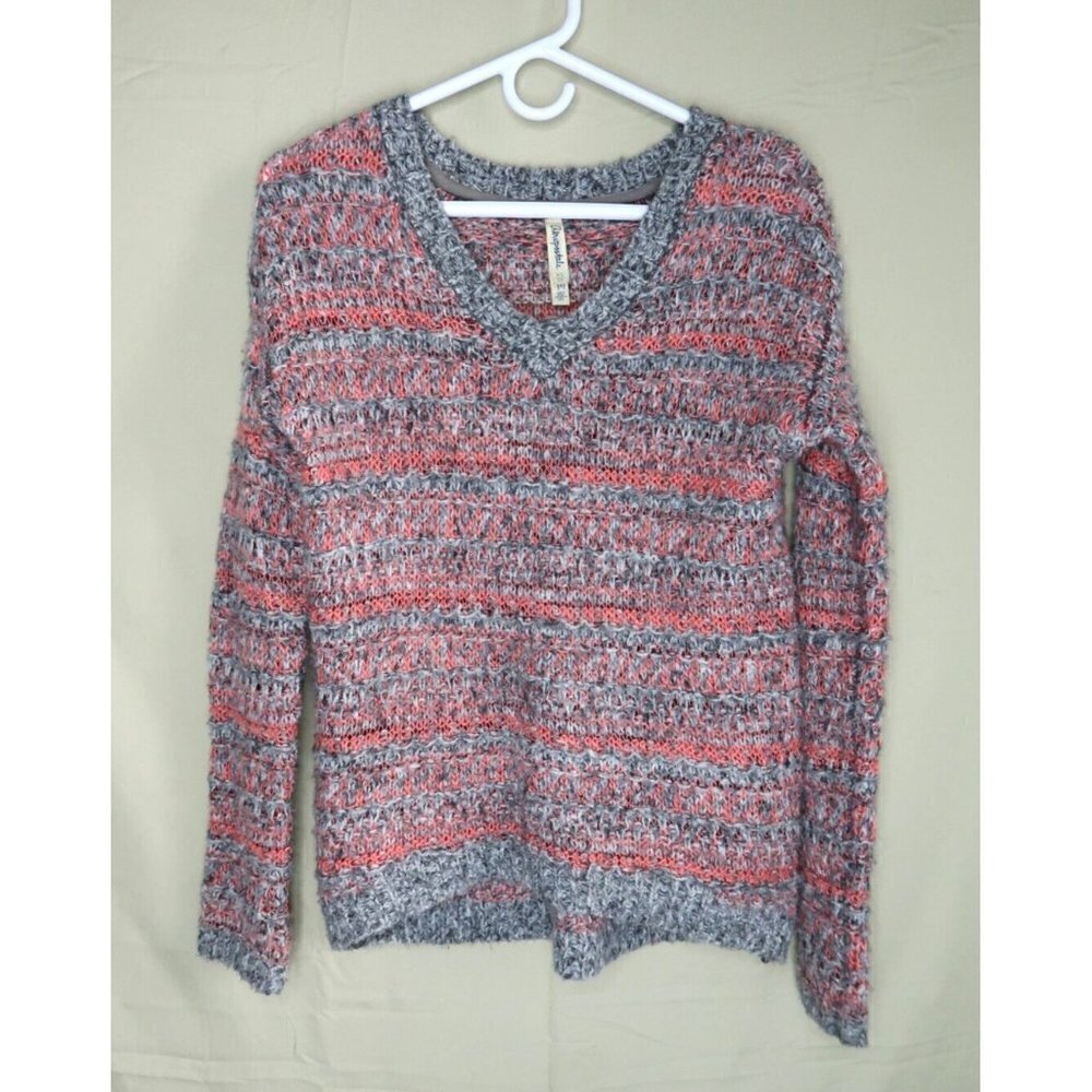 Aeropostale Knit Sweater Womens Size XS Gray Pink Stripe Long Sleeves Oversized
